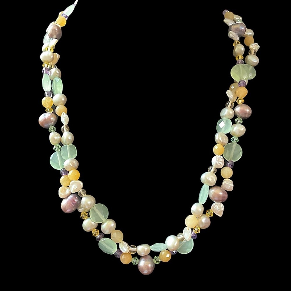 Vintage Sterling Silver Freshwater Pearl Semi Precious Gems and Glass Necklace